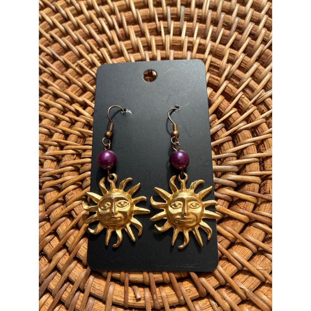 Vintage Style Gold Sun Face Dangle Earrings Purple Bead Celestial Boho Jewelry